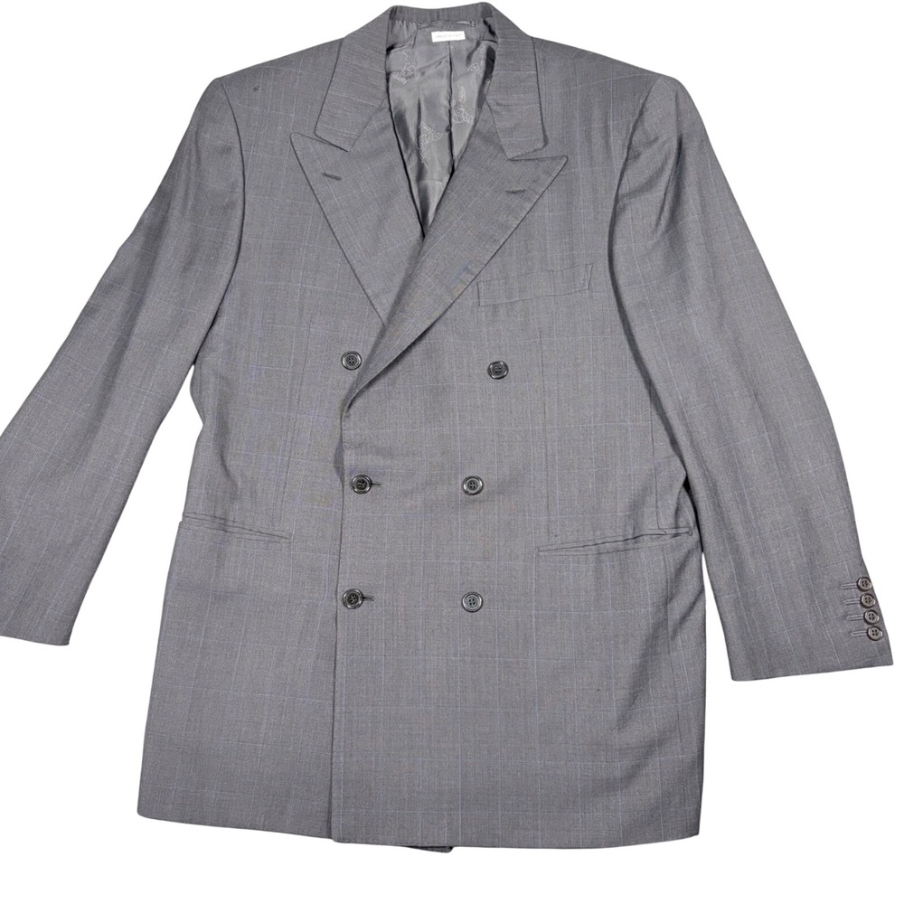 Brioni Neiman Marcus Mens Grey Windowpane Plaid Double Breasted BlazerJacket 44R